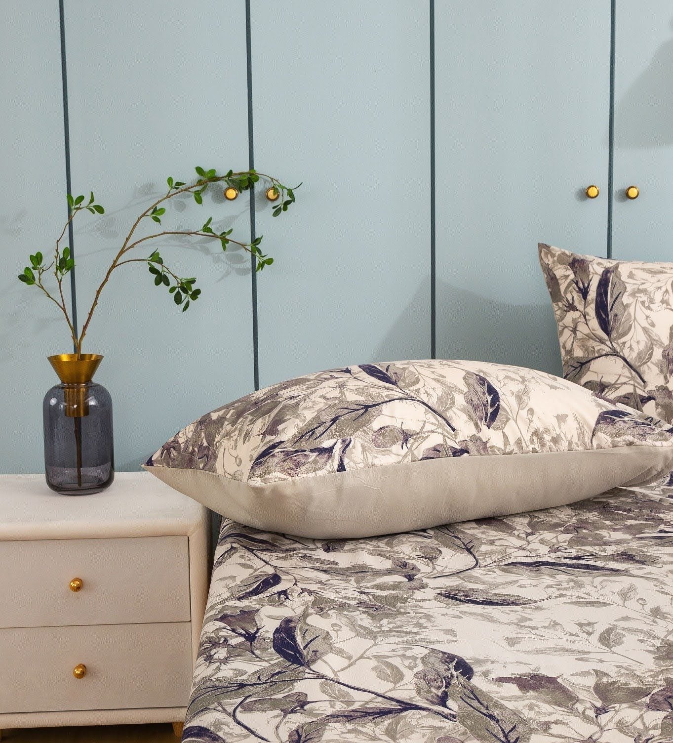 Tache Microfiber Abstract Wispy Leaf Taupe Grey Fitted Sheet / Flat Sheet (JHW-843)