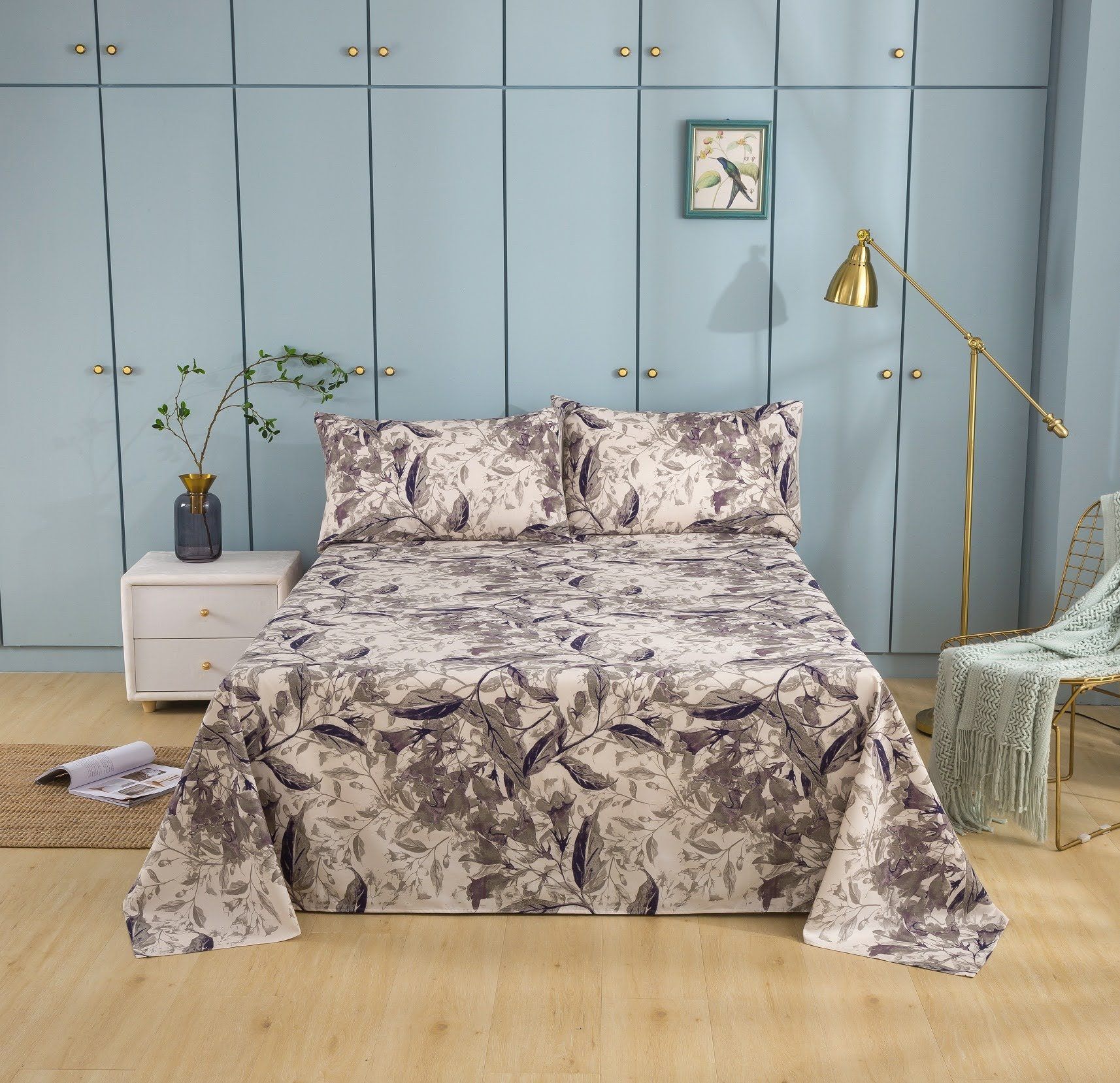 Tache Microfiber Abstract Wispy Leaf Taupe Grey Fitted Sheet / Flat Sheet (JHW-843)