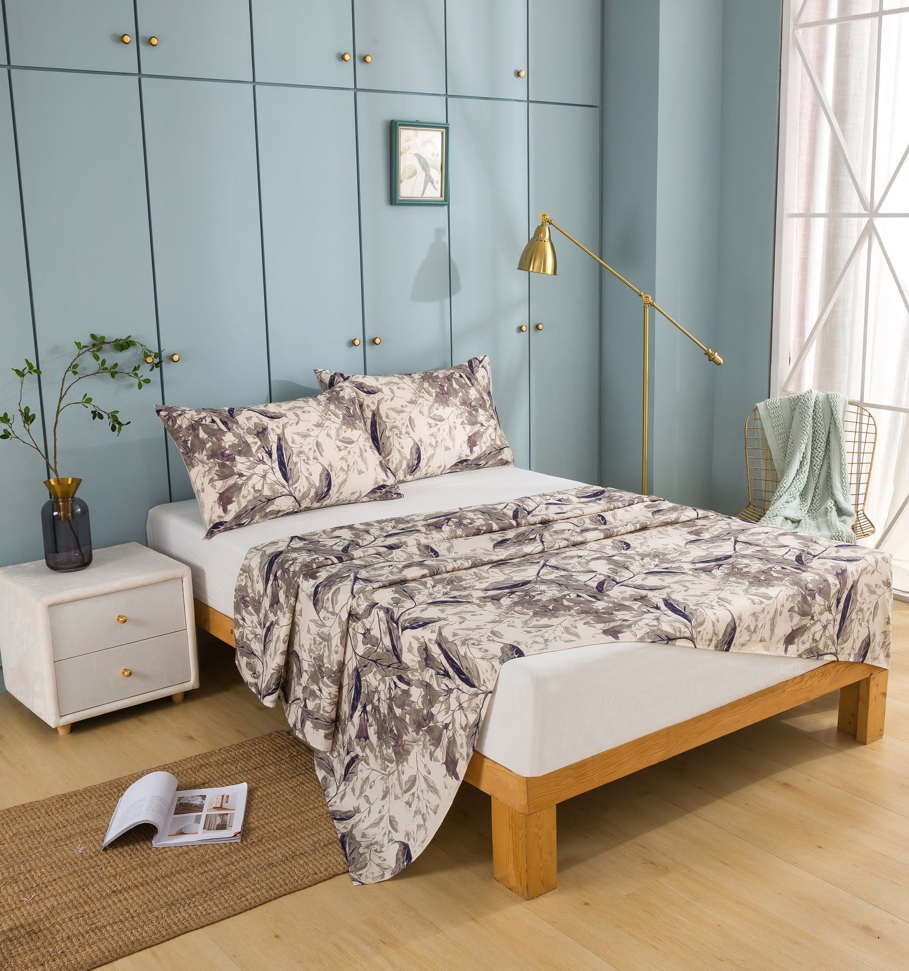 Tache Microfiber Abstract Wispy Leaf Taupe Grey Fitted Sheet / Flat Sheet (JHW-843)