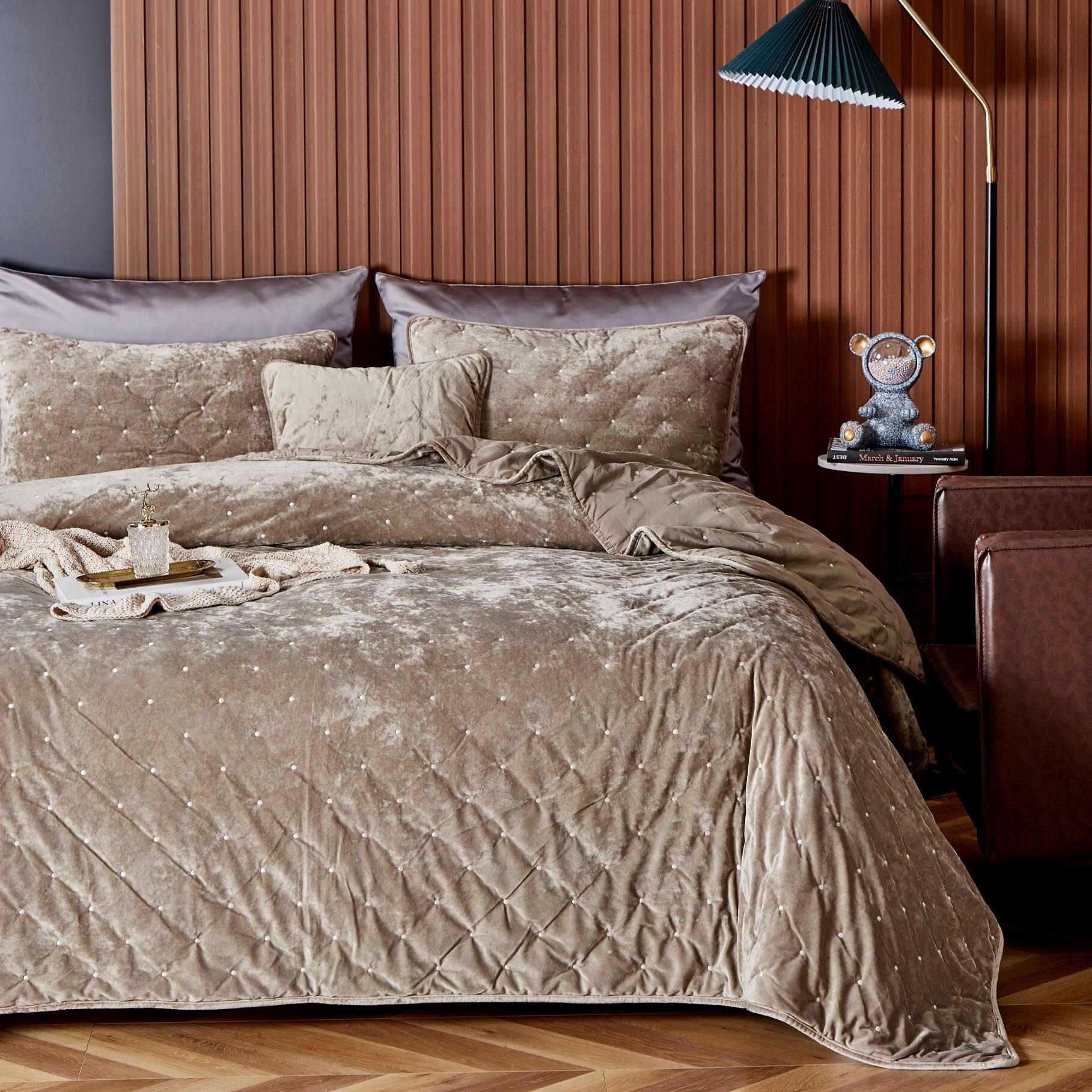 Tache Plush Dreams Sand Taupe Beige Tufted Velvet Quilt Set (JHW-853B)