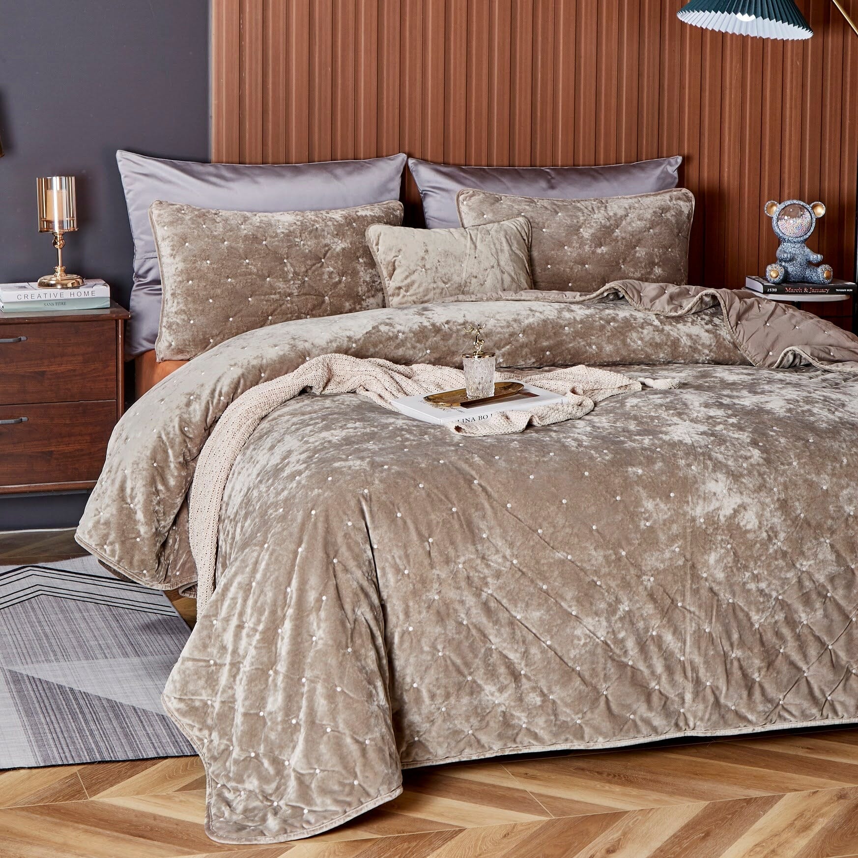 Tache Plush Dreams Sand Taupe Beige Tufted Velvet Quilt Set (JHW-853B)