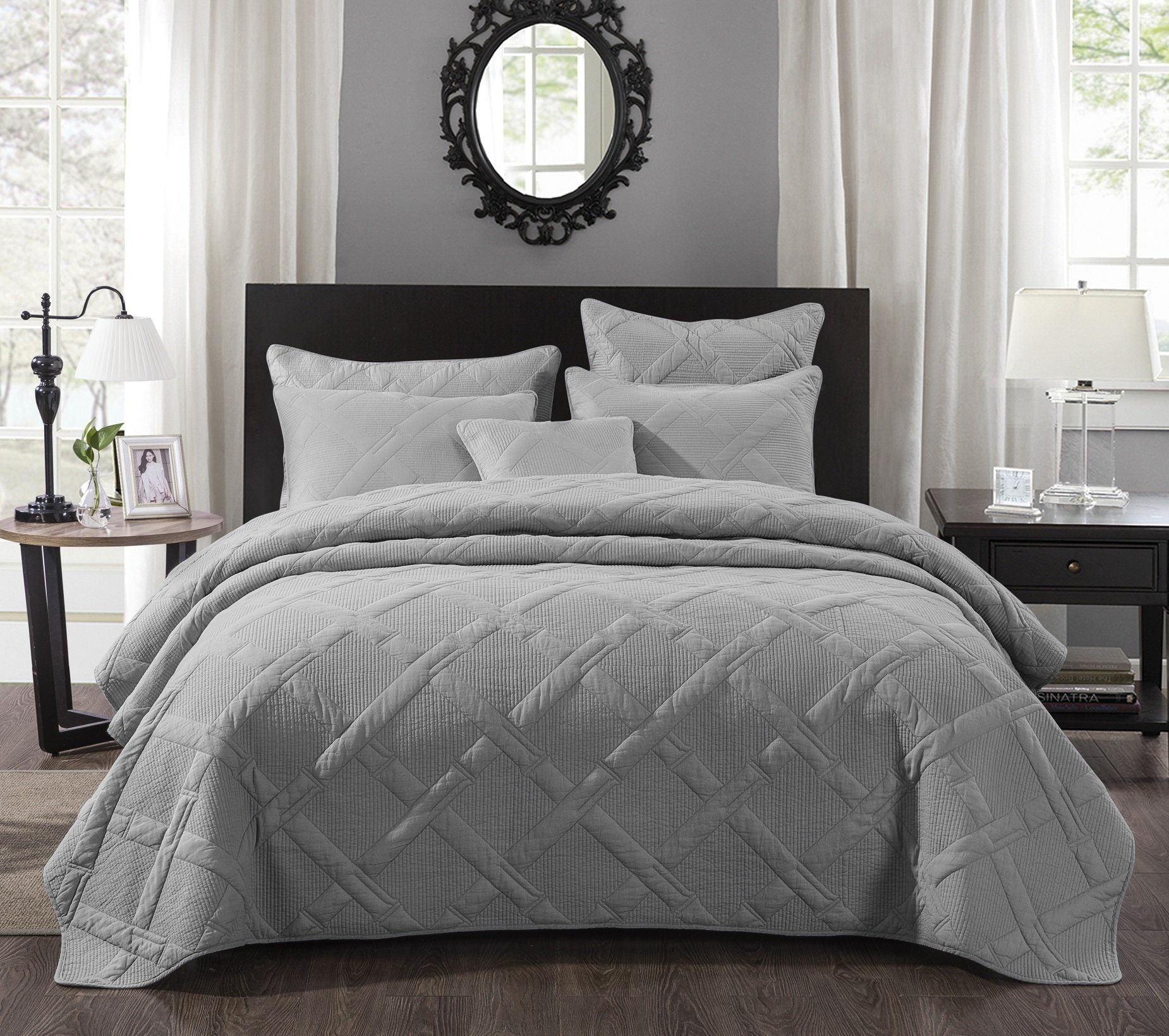 Tache Soothing Pastel Silver Diamond Stitch Light Gray Cotton Quilt Set (JHW-862)