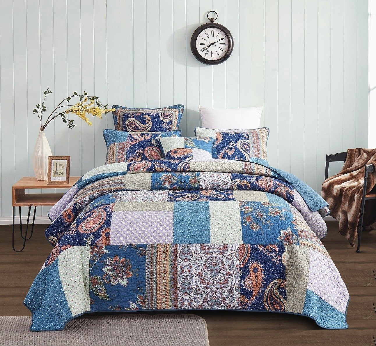 Tache Bohemian Night Flower Paisley Floral Navy Blue Pastel Cotton Patchwork Quilt Set (JHW-882)