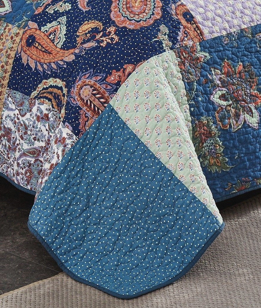 Tache Bohemian Night Flower Paisley Floral Navy Blue Pastel Cotton Patchwork Quilt Set (JHW-882)