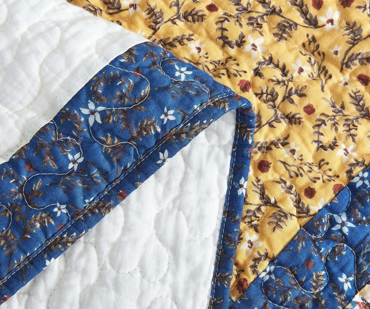 Tache Prairie Sunset White Blue Yellow Brown Floral Cotton Patchwork Quilt Set (JHW-887)