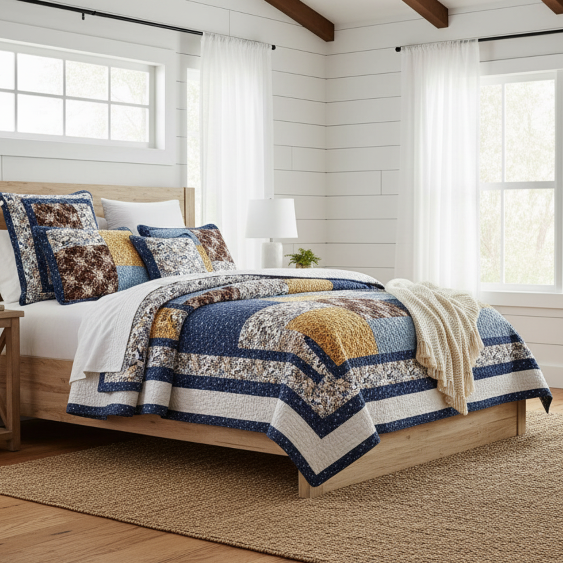 Taterbush Prairie Sunset White Blue Yellow Brown Floral Cotton Patchwork Quilt Set (JHW-887)