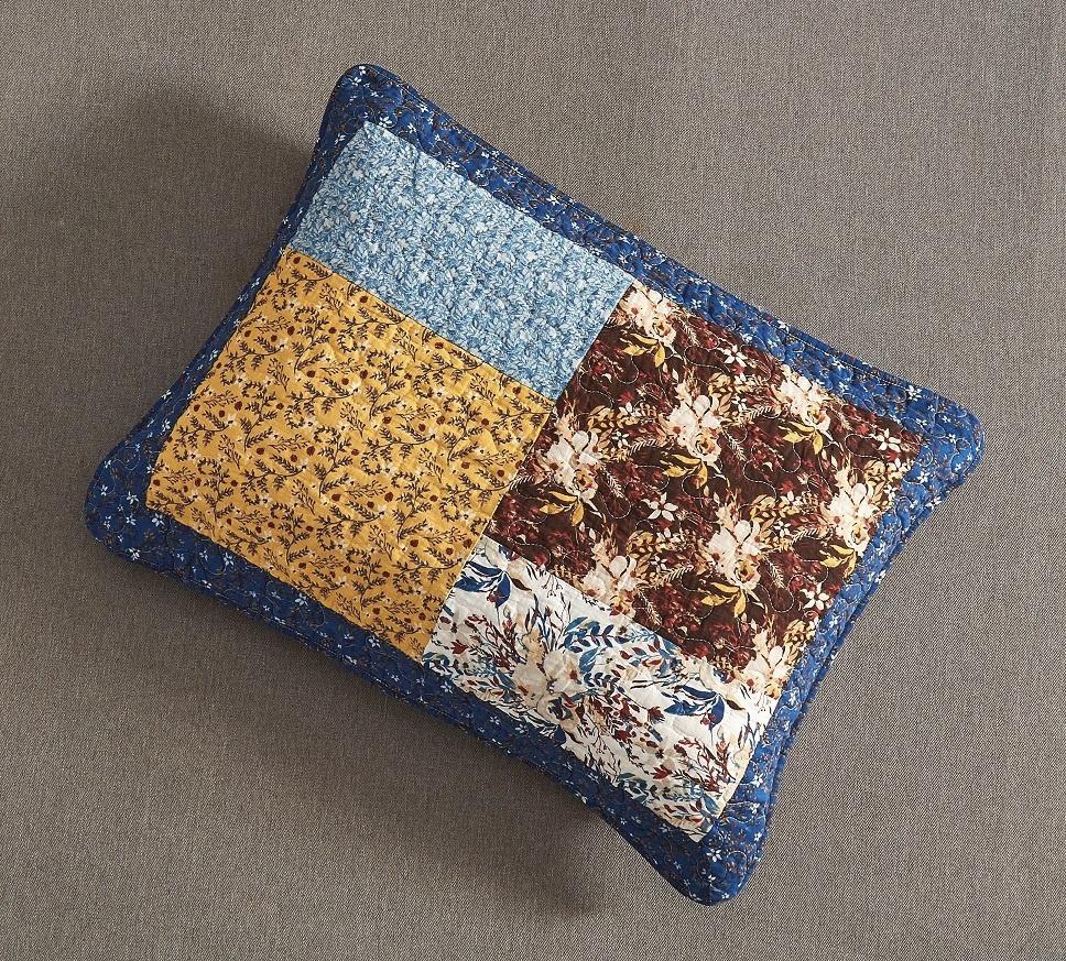Taterbush Cotton Patchwork White Blue Yellow Brown Floral Prairie Sunset Pillow Sham (JHW-887)