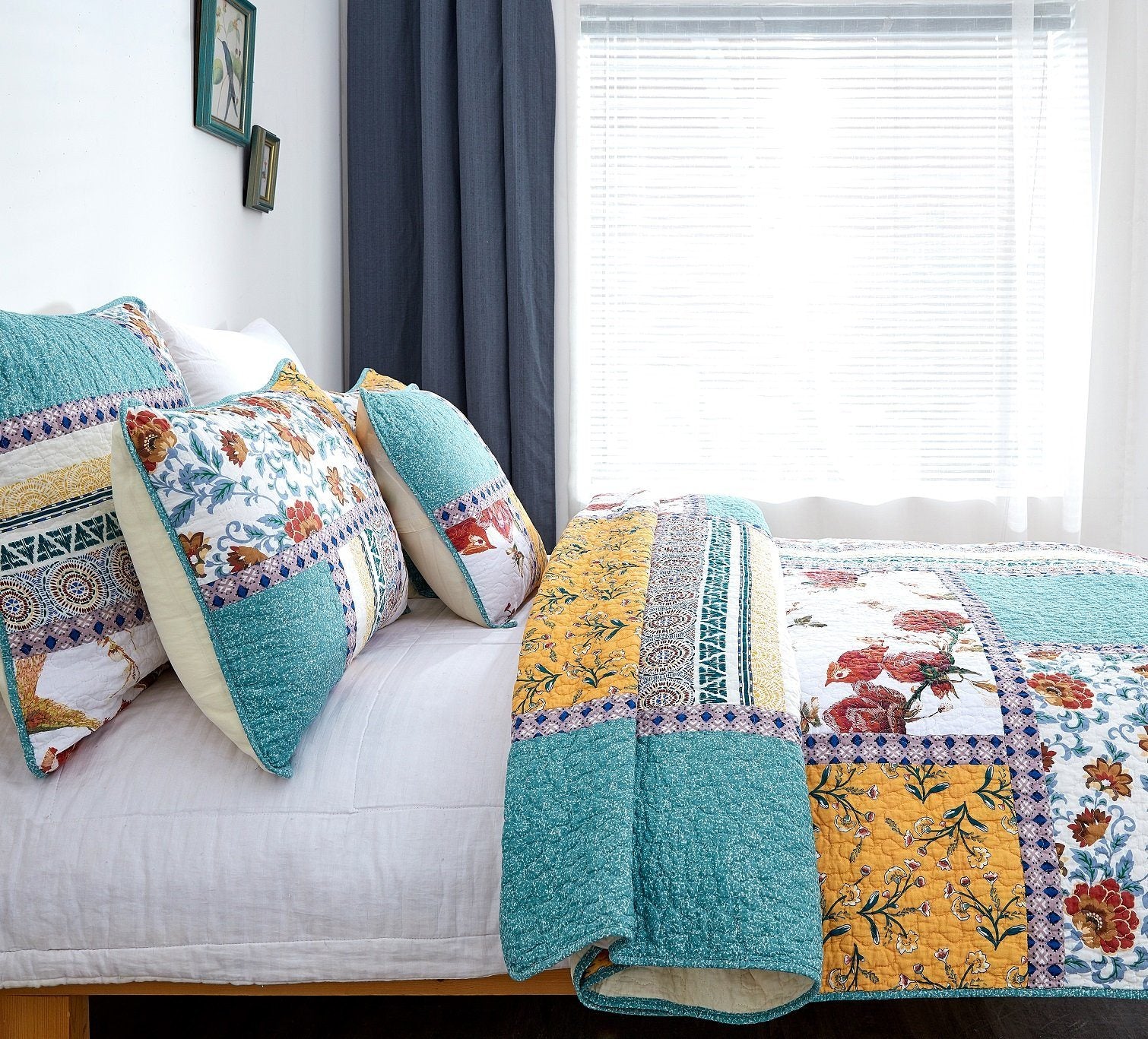 Tache Cotton Patchwork Blue Yellow Old World Hummingbirds Garden Pillow Sham (JHW-936)