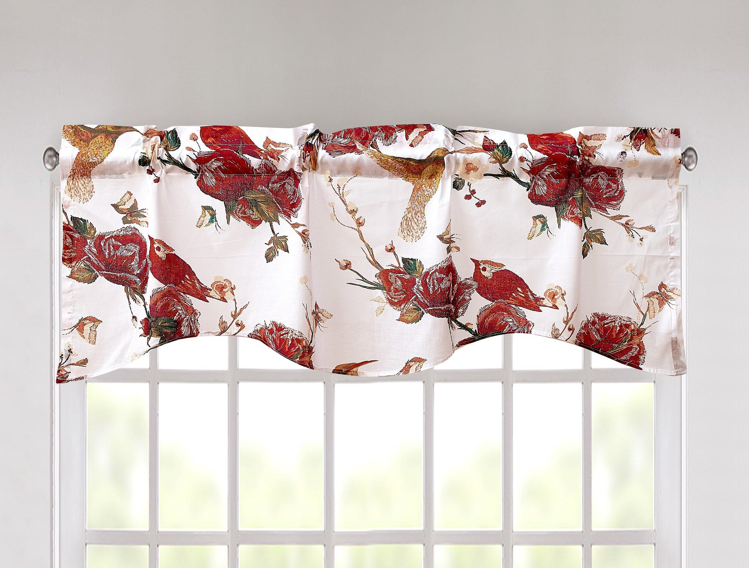 Tache Cotton White Burgundy Sheer Scalloped Window Treatment Hummingbirds Rose Garden Valance (JHW-936)