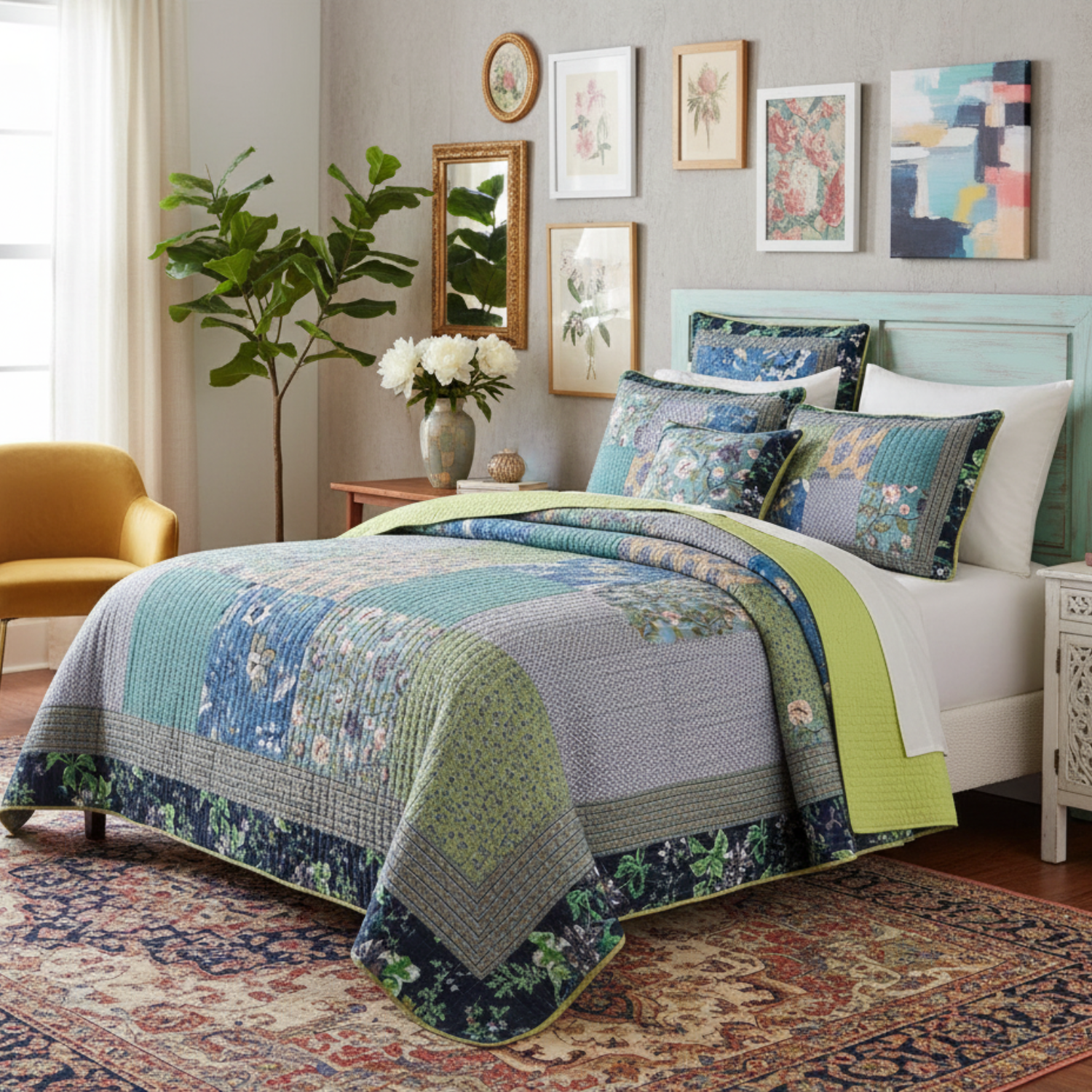 Tache Cotton Bohemian Tropical Calla Lily Quilted Patchwork Bedspread Set (JHW-687)