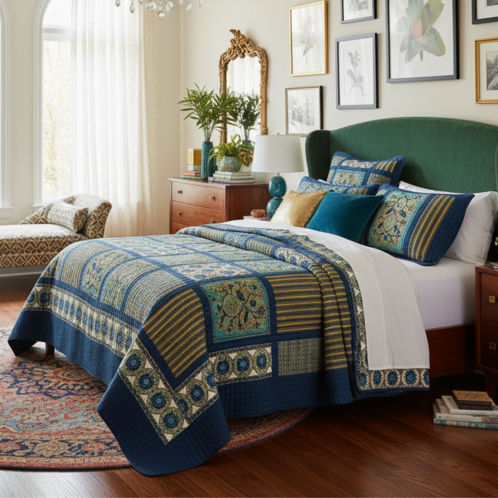 Tache 2-3 Piece Elegant Striped Forest Patchwork Quilt Vibrant Multi Color (JHW-679)