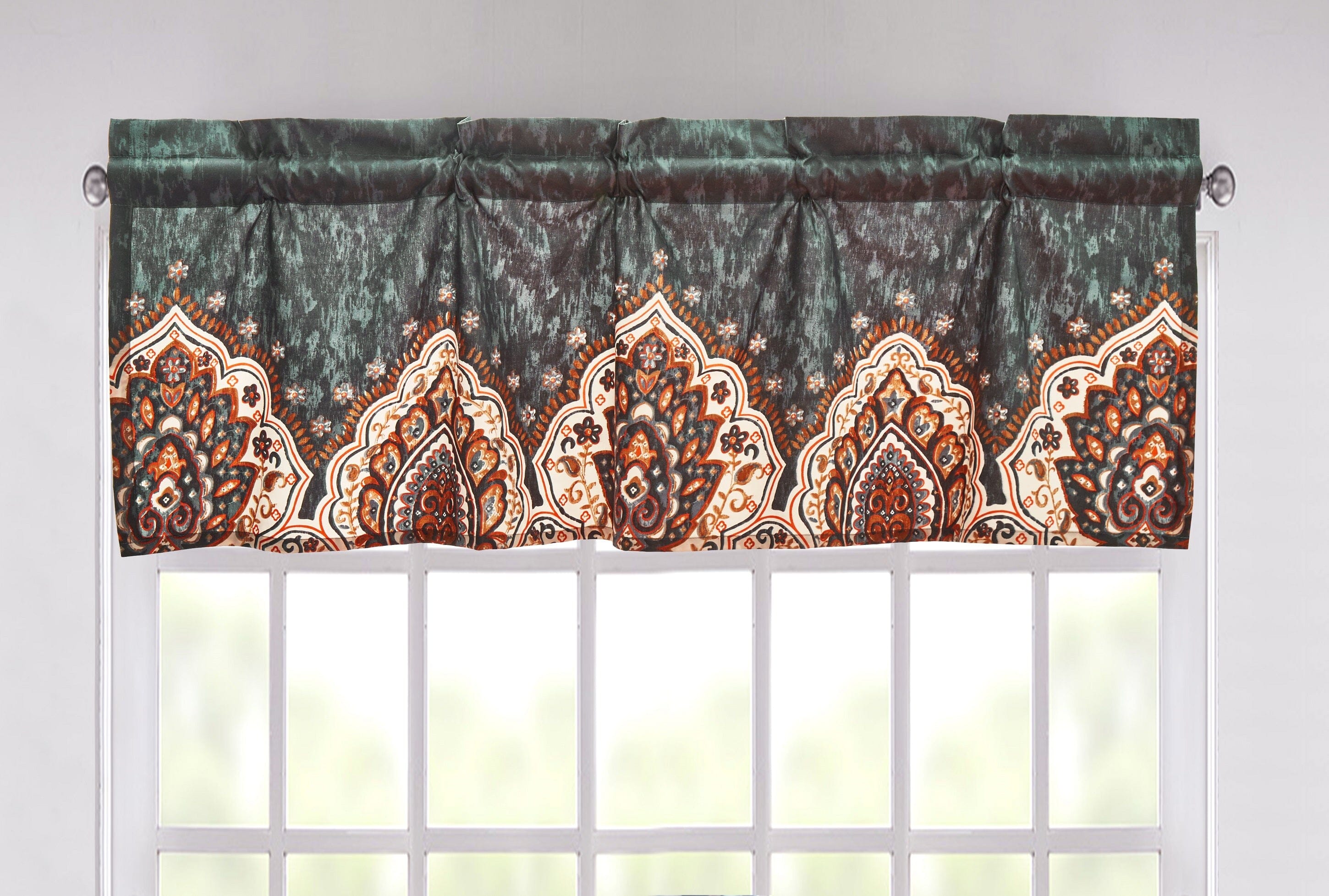 Tache Rustic Paisley Mandala Palace Floral Watercolor Orange Dark Teal Window Valance (KF174)
