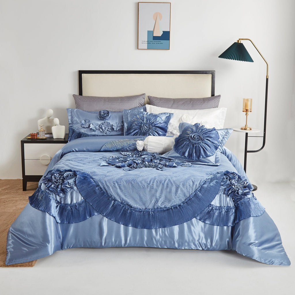 Tache Satin Floral Lace Ruffle Sweet Victorian Luxurious Blue Comforter Set (MZ002B)