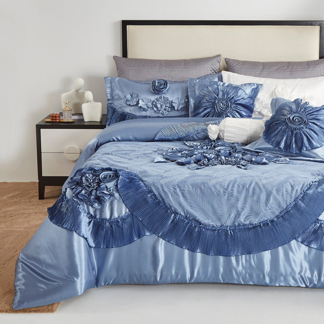 Taterbush Satin Floral Lace Ruffle Sweet Victorian Luxurious Blue Comforter Set (MZ002B)