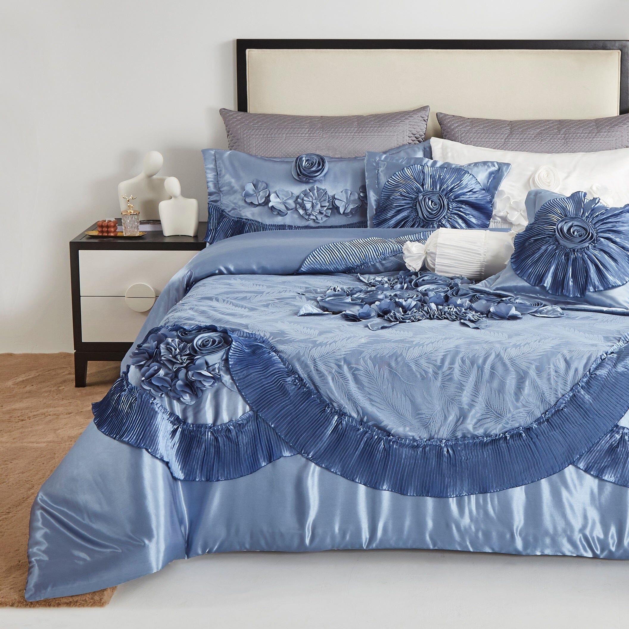 Tache Satin Floral Lace Ruffle Sweet Victorian Luxurious Blue Comforter Set (MZ002B)