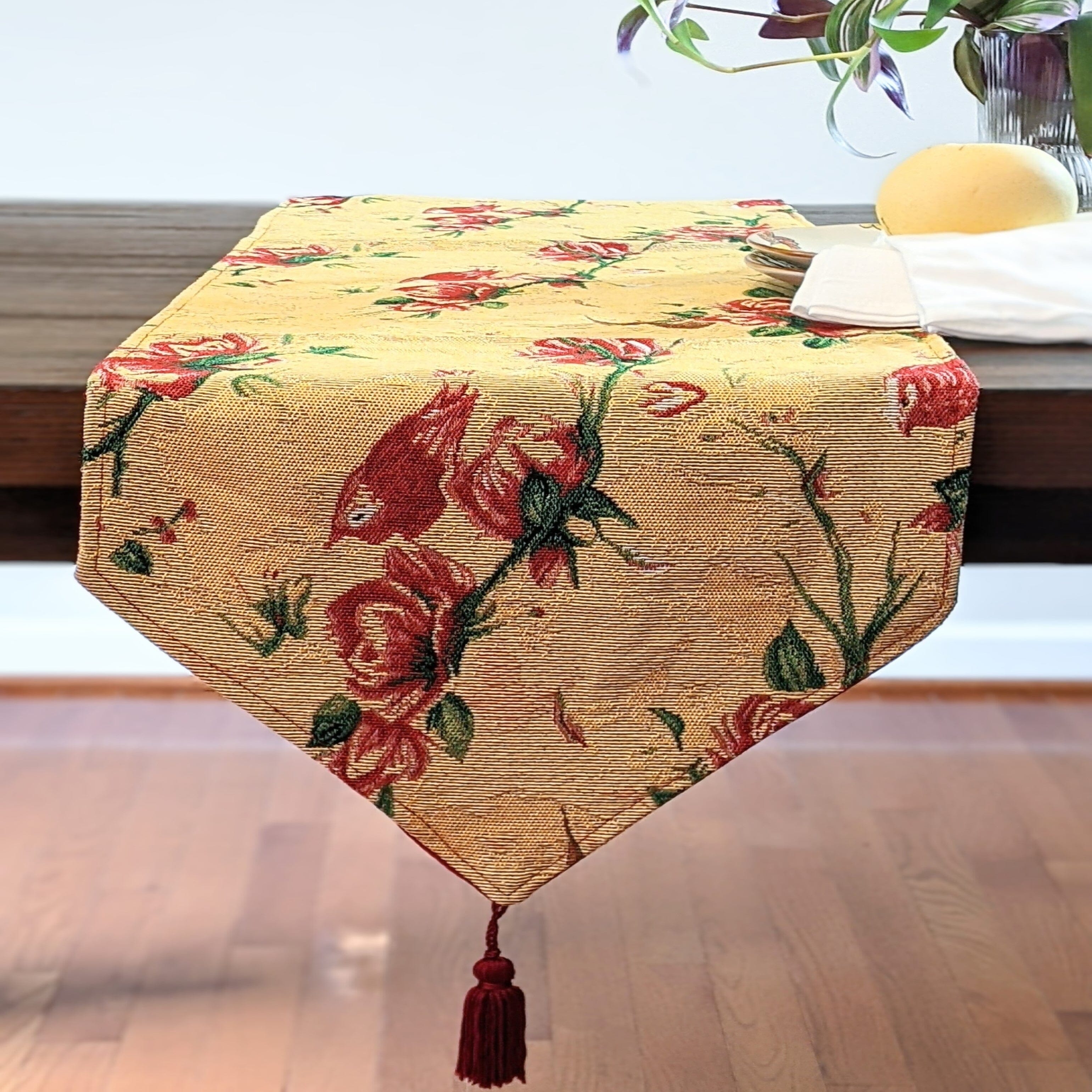 Tache Floral Red Roses Hummingbirds Golden Woven Tapestry Table Runner (18115)