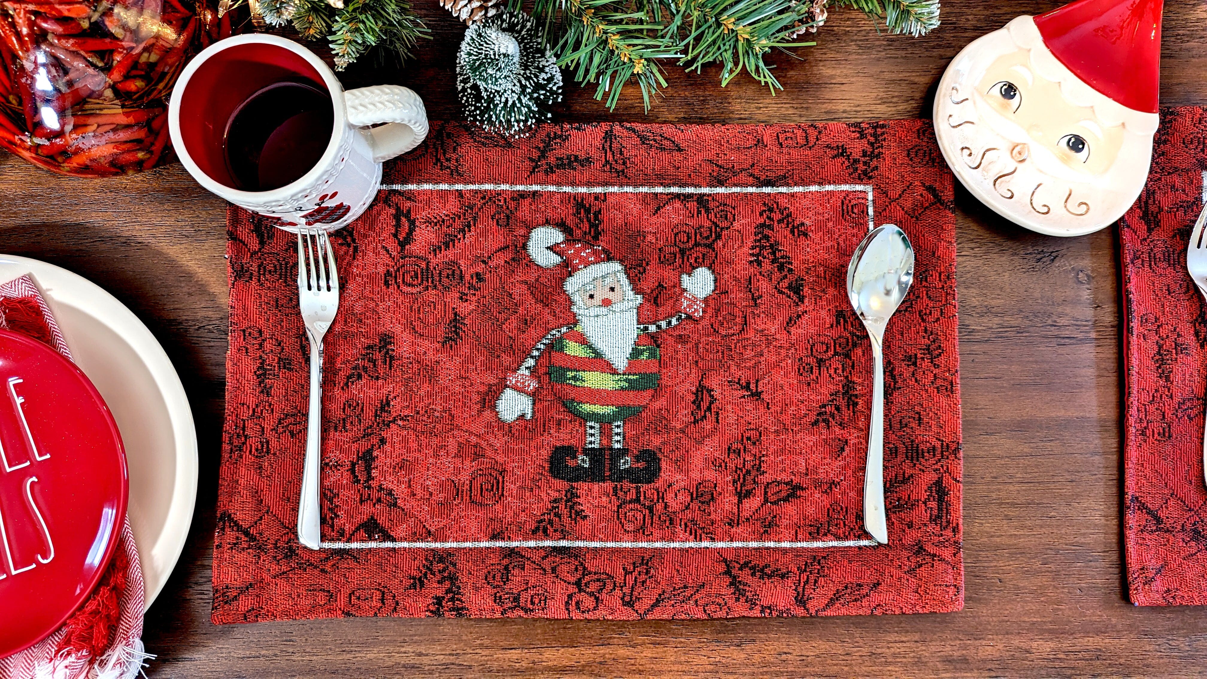 Tache Here Comes Santa Claus Vintage Holiday Woven Tapestry Red Christmas Placemat Set of 4 (8577PM)