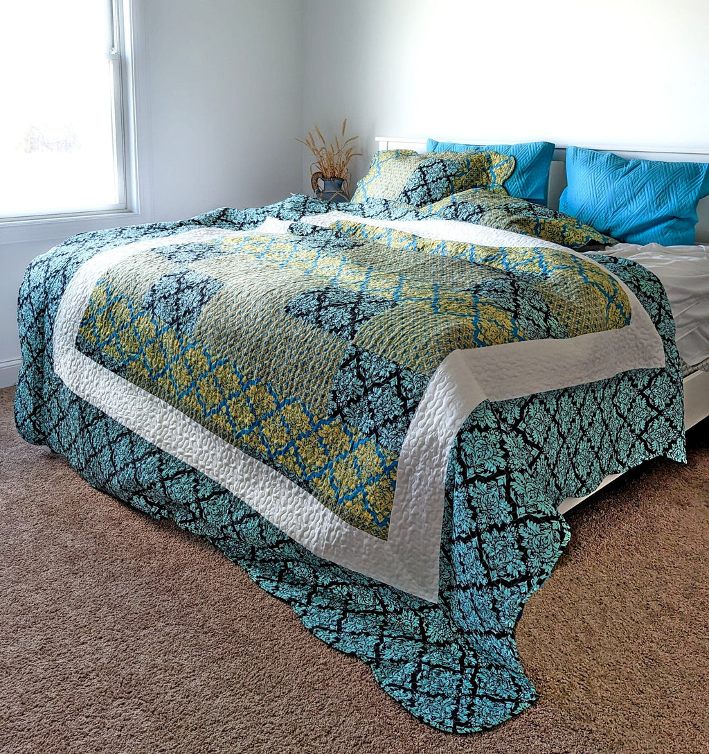 Tache Damask Ornate Baroque Teal Turquoise Blue Green Scalloped Quilt Set (SD-3300)