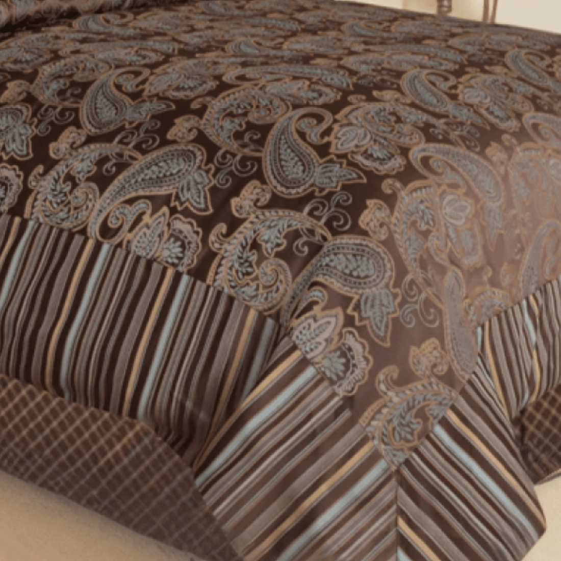 Taterbush Chenille Elegant Paisley Floral Striped Brown Blue Eastern Comforter Set With Zipper Cover (14070)