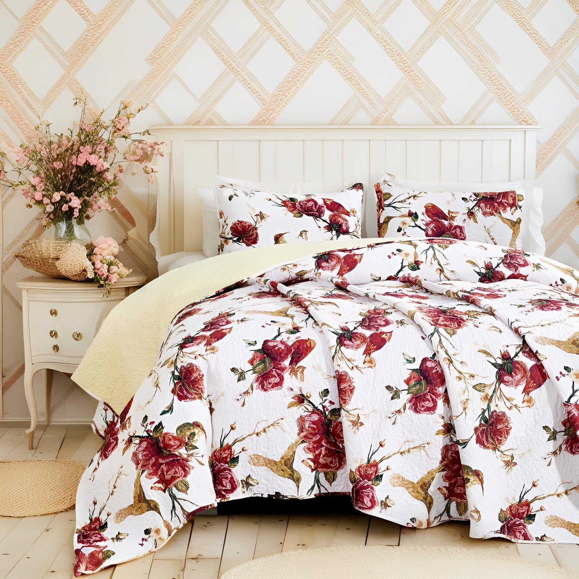 Tache Vintage Rose Garden Hummingbirds Burgundy White Reversible Floral Quilt Set (SD-7676)
