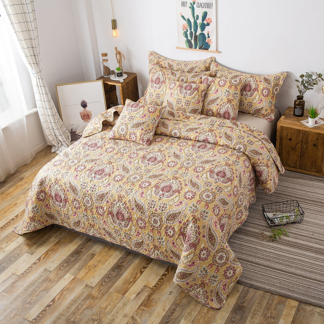 Taterbush Royal Medallion Floral Paisley Damask Yellow Pink Boho Chic Quilt Set (SD5357)