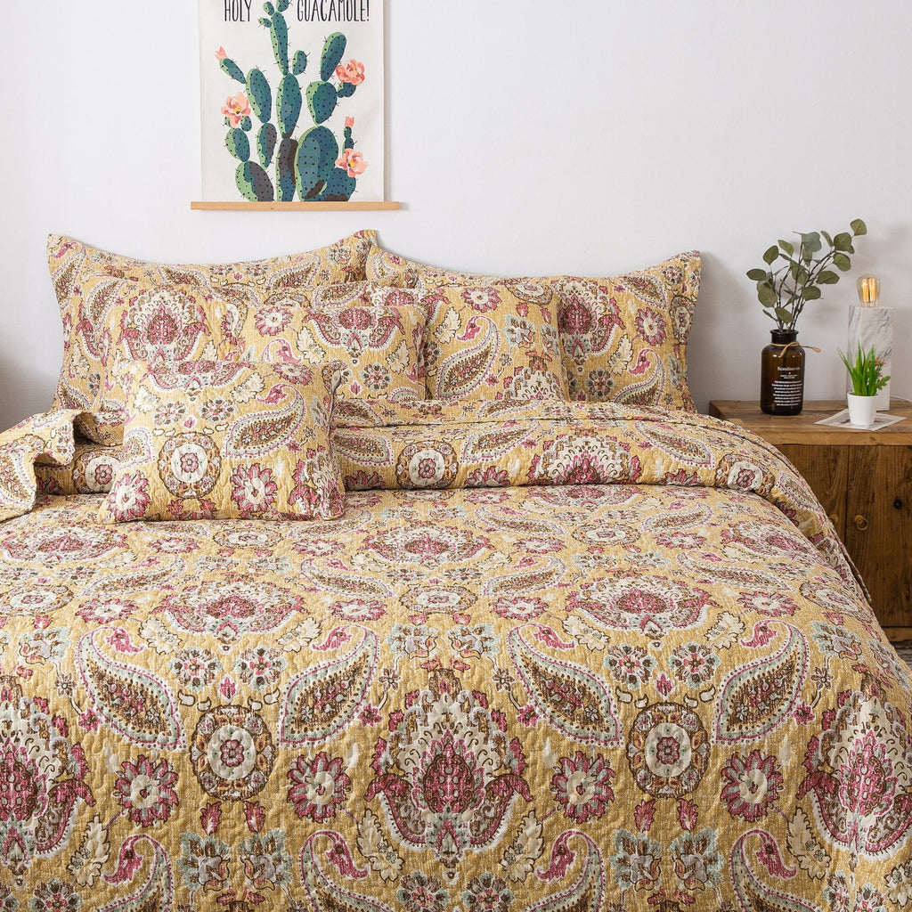 Tache Royal Medallion Floral Paisley Damask Yellow Pink Boho Chic Quilt Set (SD5357)