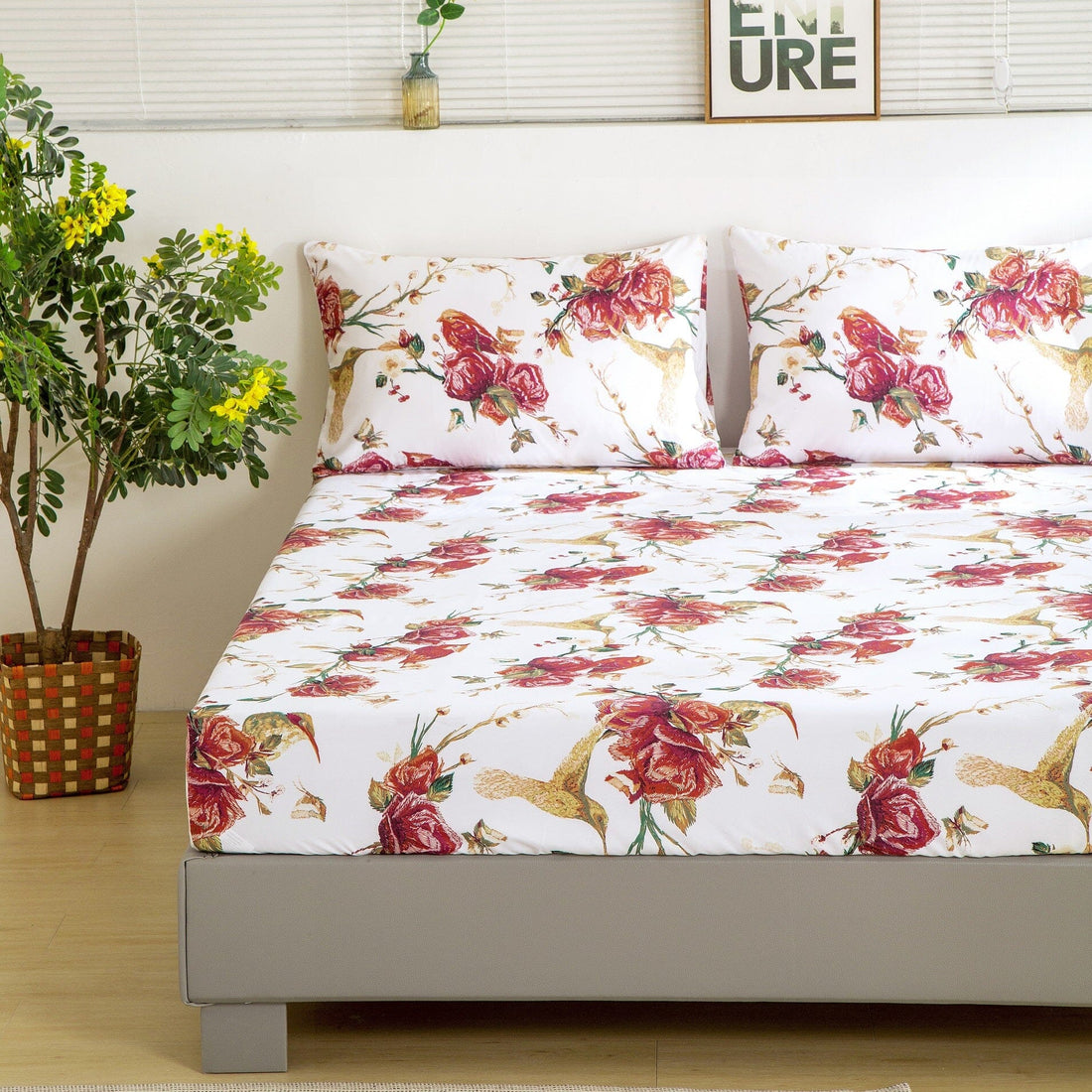 Taterbush Floral Hummingbirds Burgundy White Vintage Rose Garden Bed Sheet Set (SD-7676)