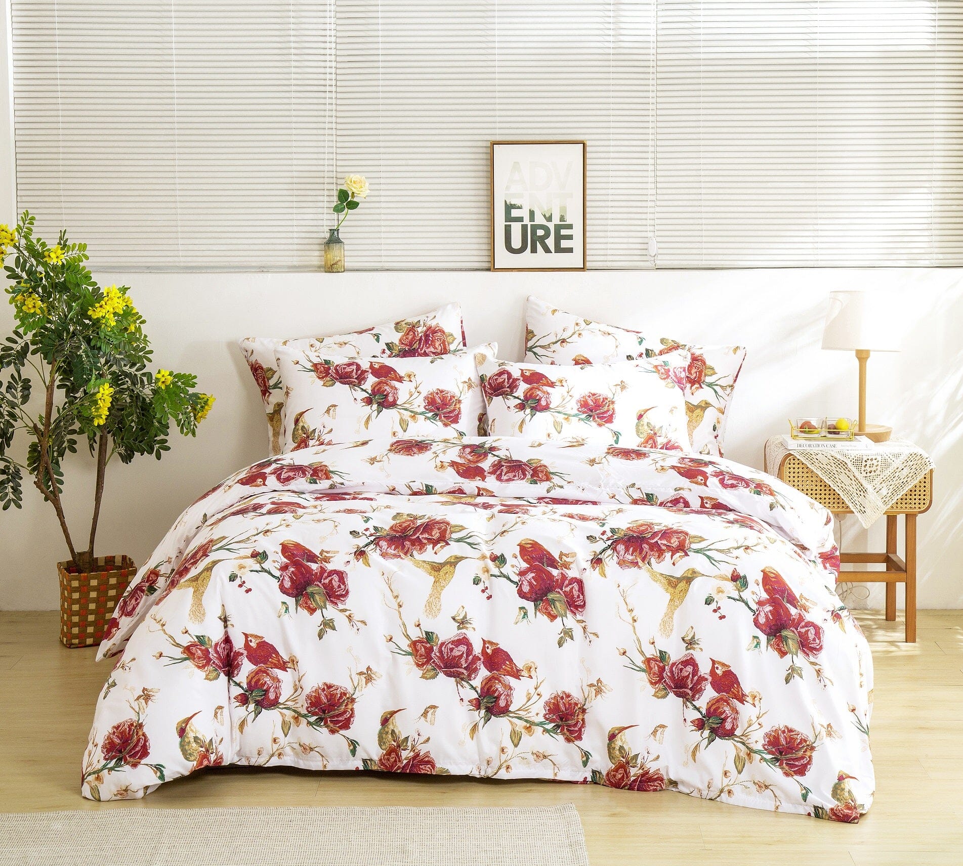 Taterbush Floral Hummingbirds Burgundy White Vintage Rose Garden Reversible Duvet Cover (SD-7676)