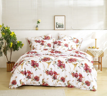 Taterbush Floral Hummingbirds Burgundy White Vintage Rose Garden Reversible Duvet Cover (SD-7676)