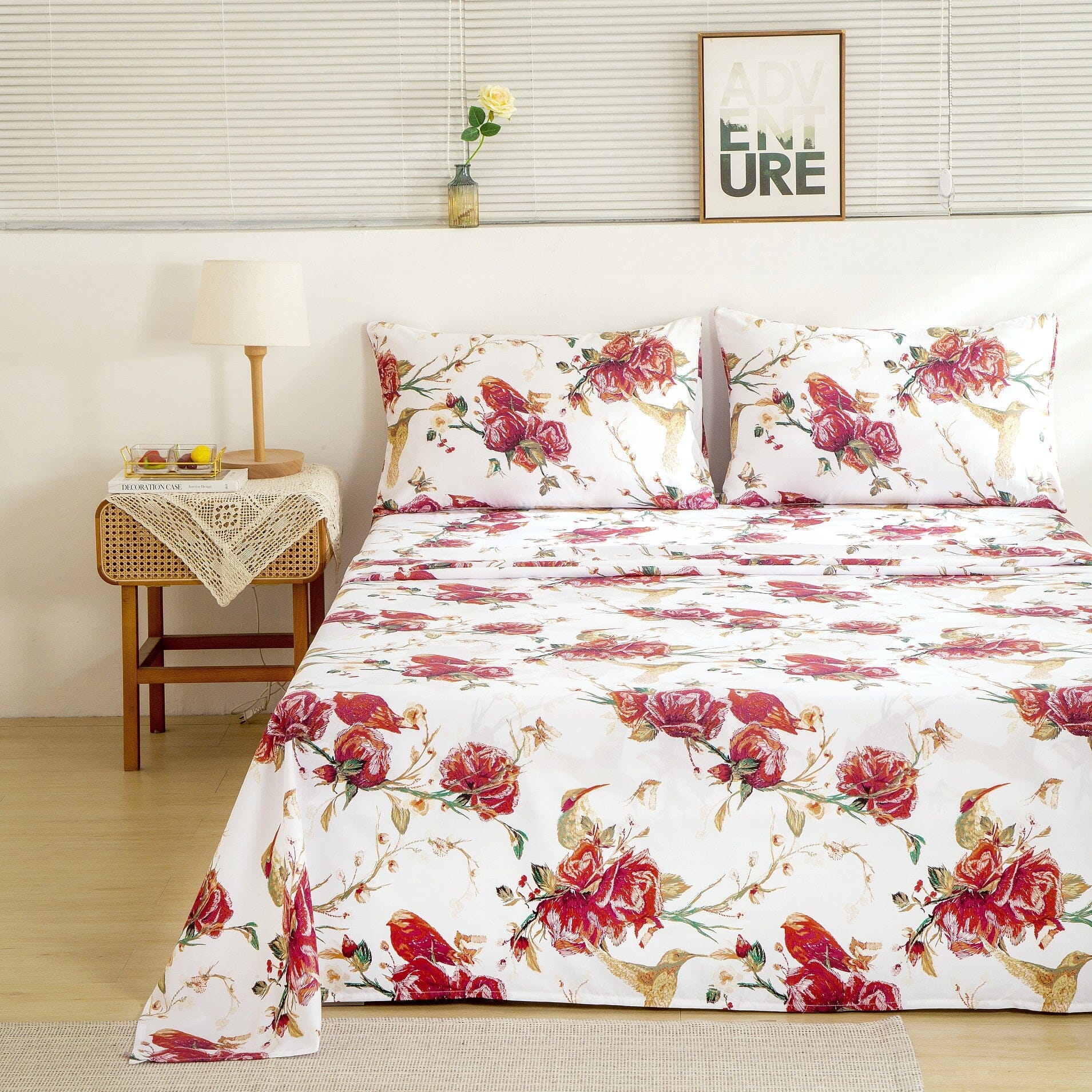 Tache Floral Hummingbirds Burgundy White Vintage Rose Garden Bed Sheet Set (SD-7676)