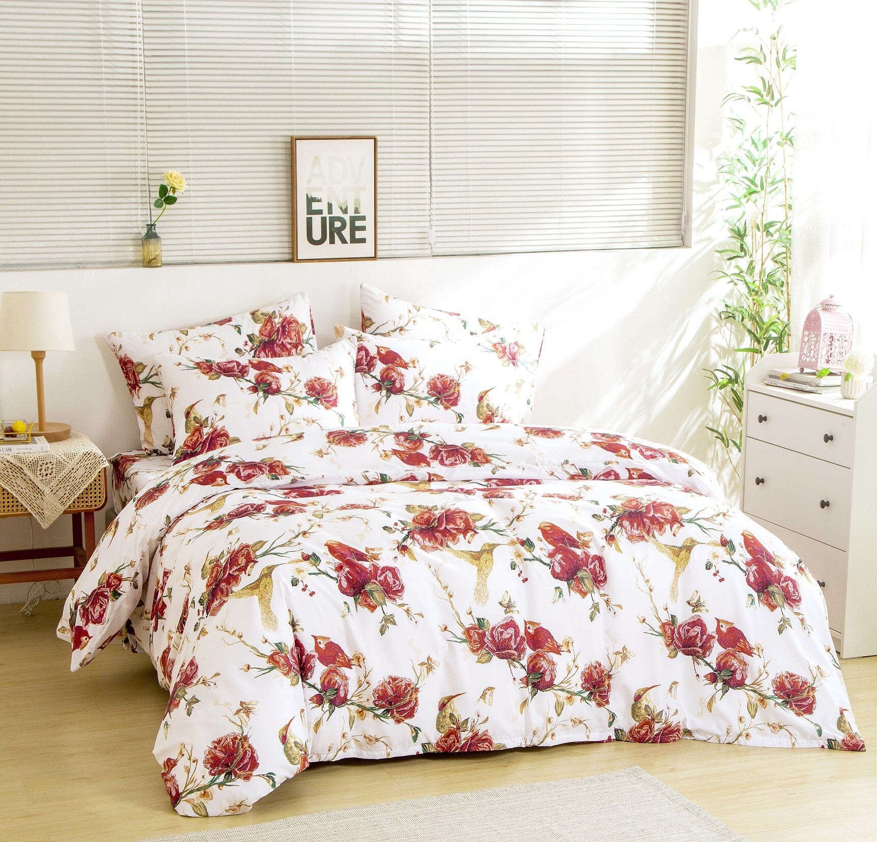 Tache Floral Hummingbirds Burgundy White Vintage Rose Garden Reversible Duvet Cover (SD-7676)