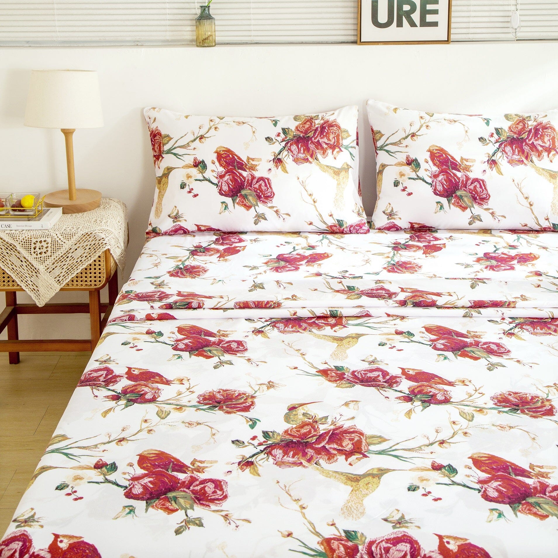 Taterbush Floral Hummingbirds Burgundy White Vintage Rose Garden Bed Sheet Set (SD-7676)
