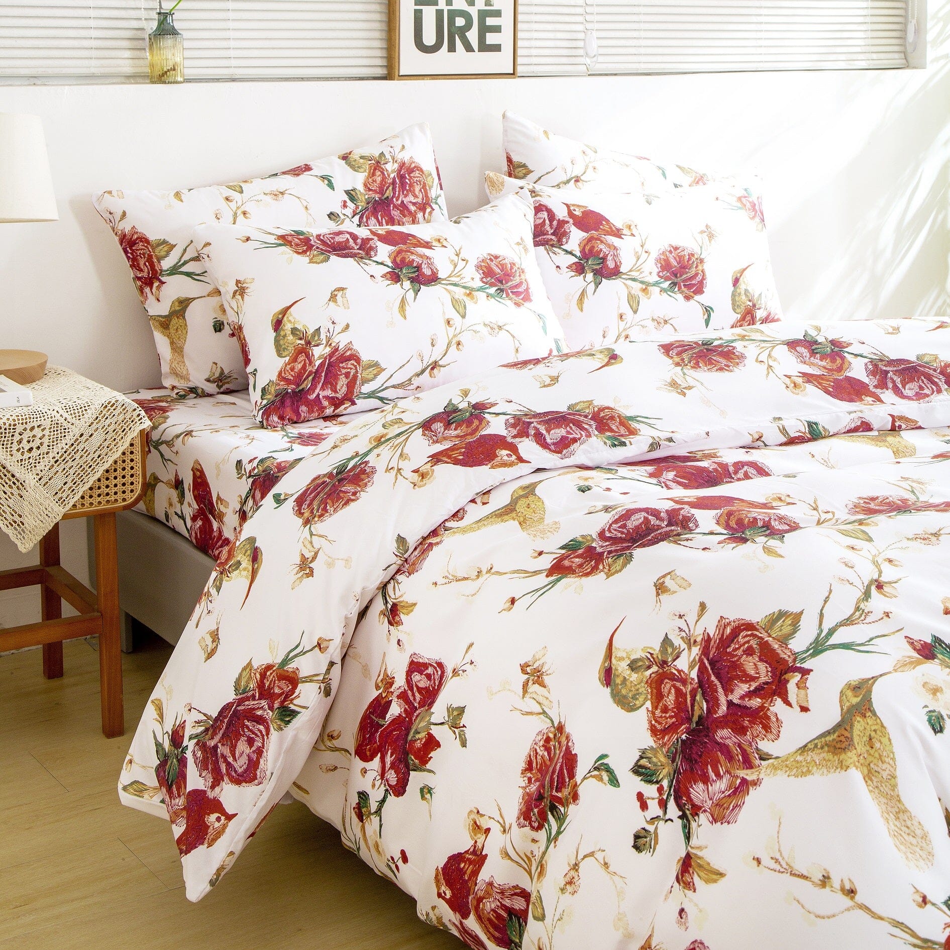 Taterbush Floral Hummingbirds Burgundy White Vintage Rose Garden Reversible Duvet Cover (SD-7676)