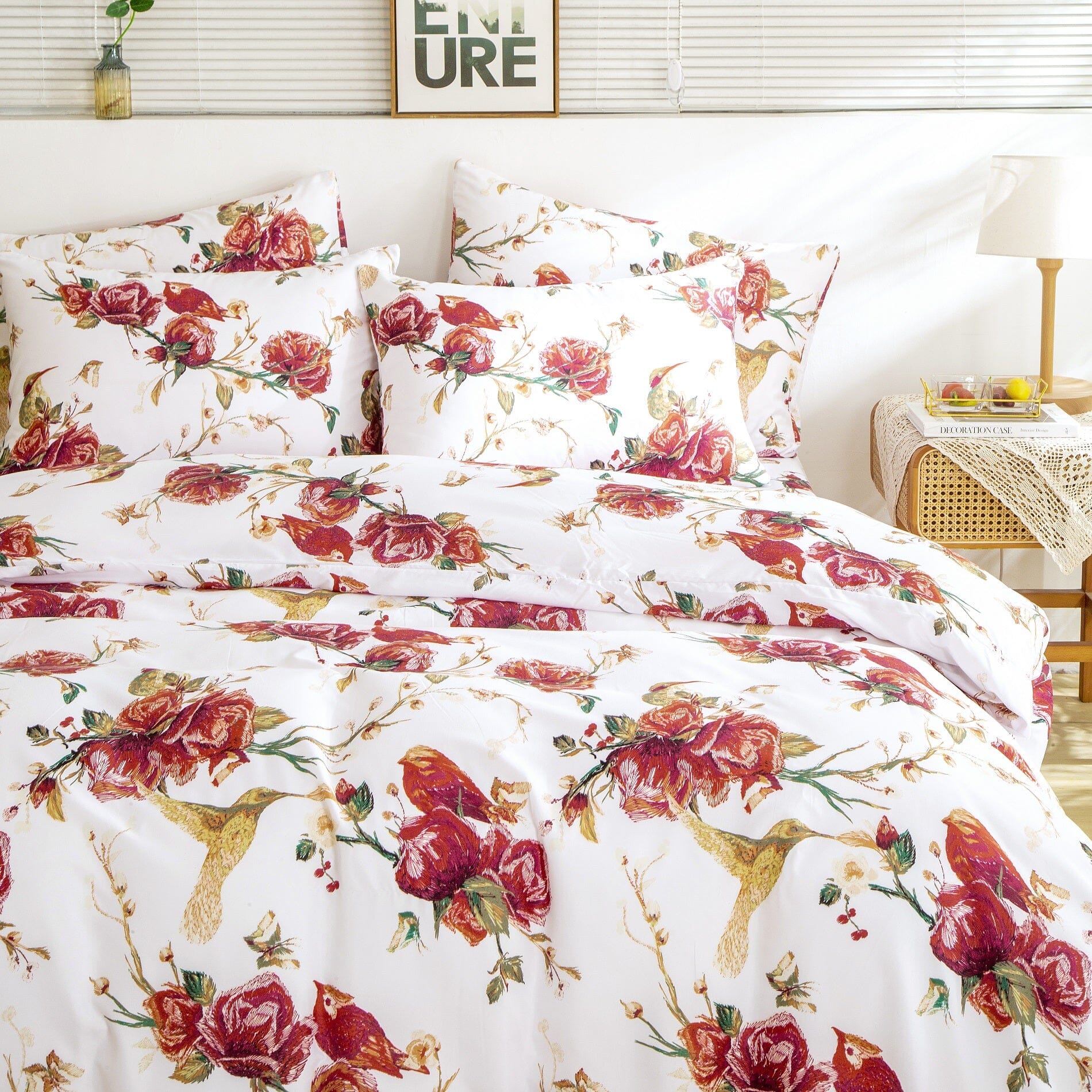 Taterbush Floral Hummingbirds Burgundy White Vintage Rose Garden Reversible Duvet Cover (SD-7676)