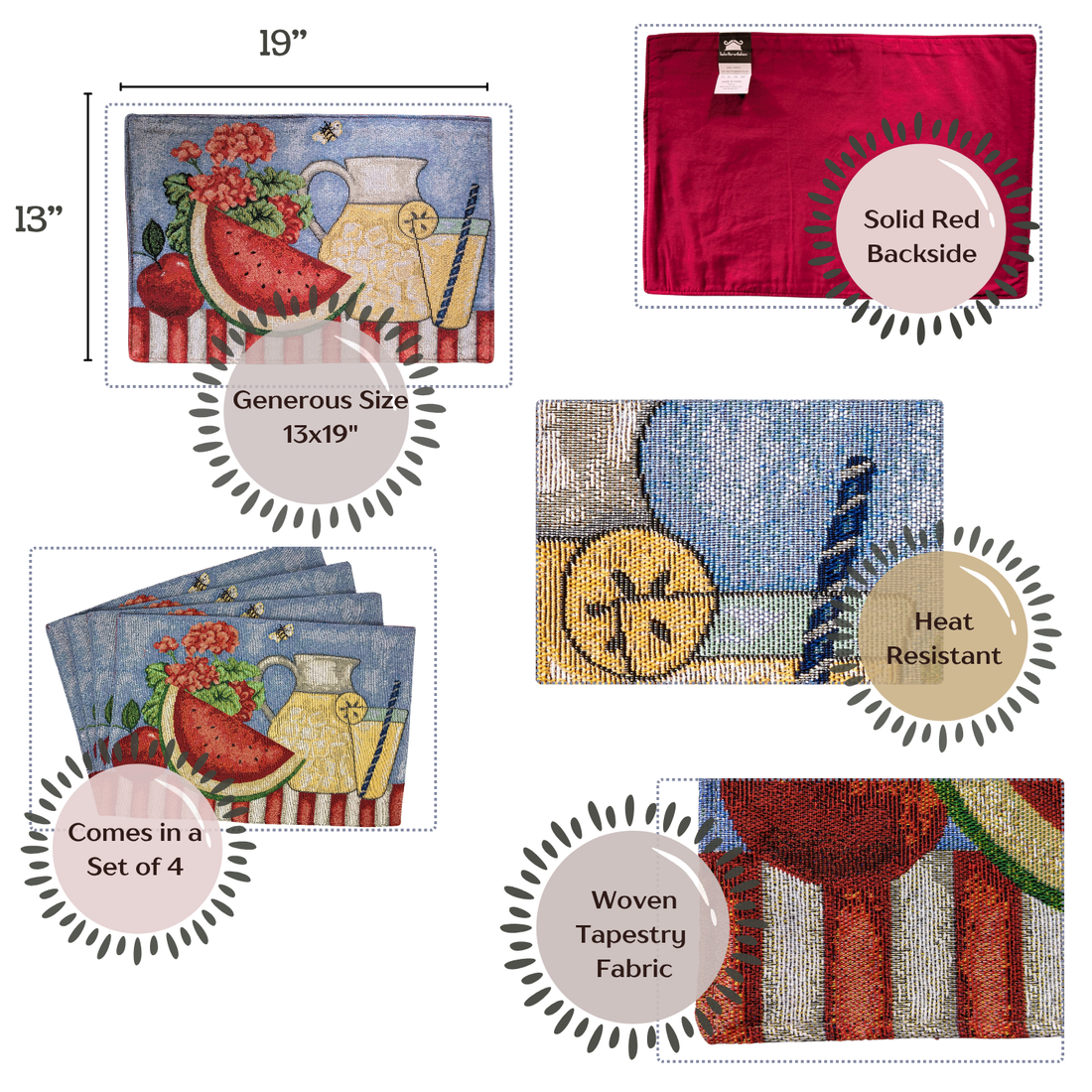 Taterbush Fruity Drinks Watermelon Lemonade Woven Tapestry Placemat Set (13082PM)