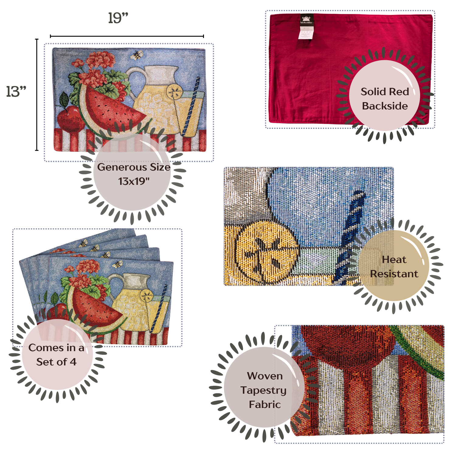 Tache Fruity Drinks Watermelon Lemonade Woven Tapestry Placemat Set (13082PM)