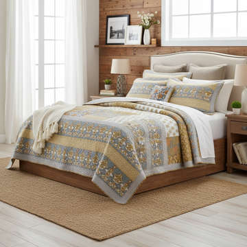 Tache 2-3 Piece Gilded Garden 100% Cotton Floral Gold Quilt Bedspread Set (JHW-631)