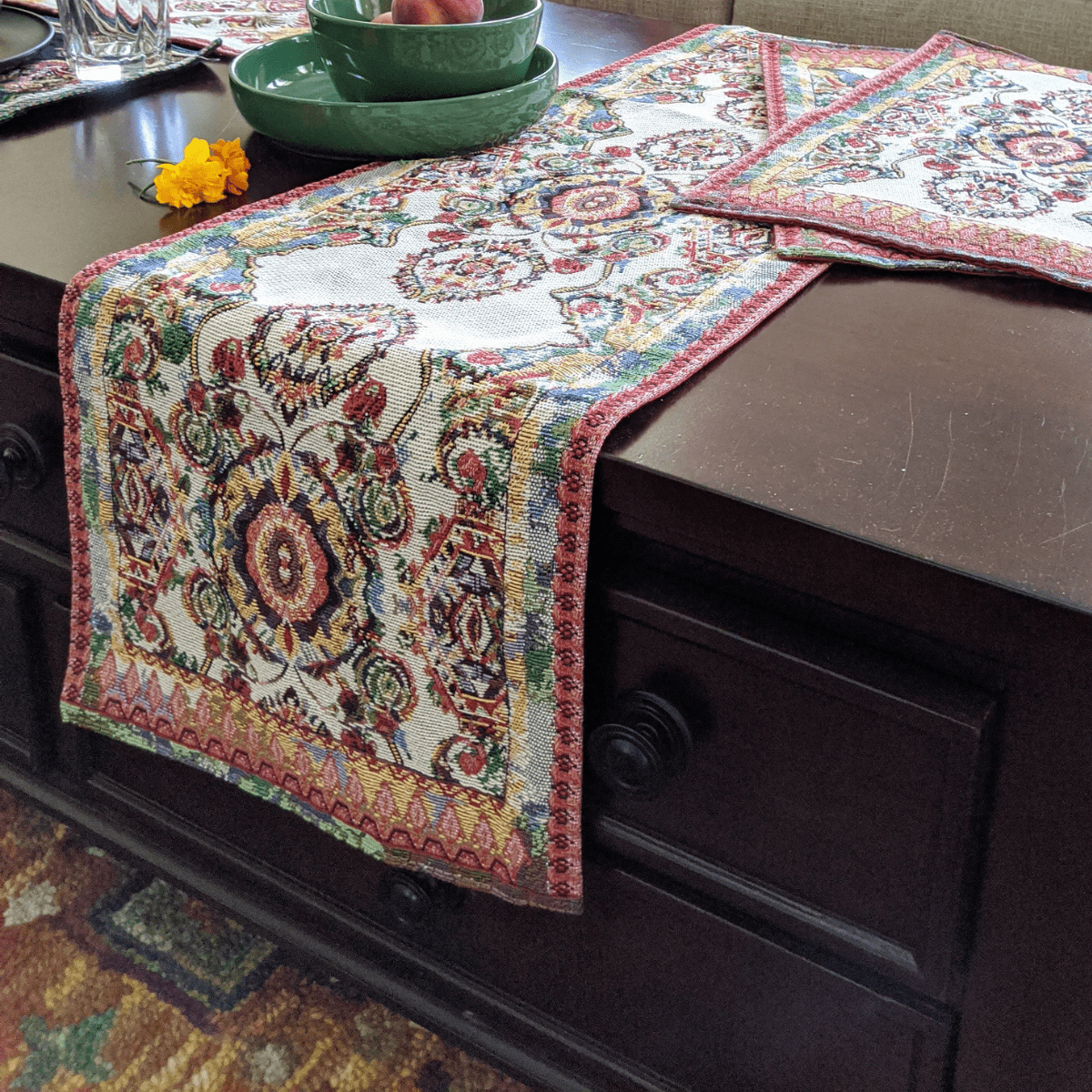Taterbush Elegant Ivory Colorful Ornate Paisley Woven Tapestry Table Runner (18193)