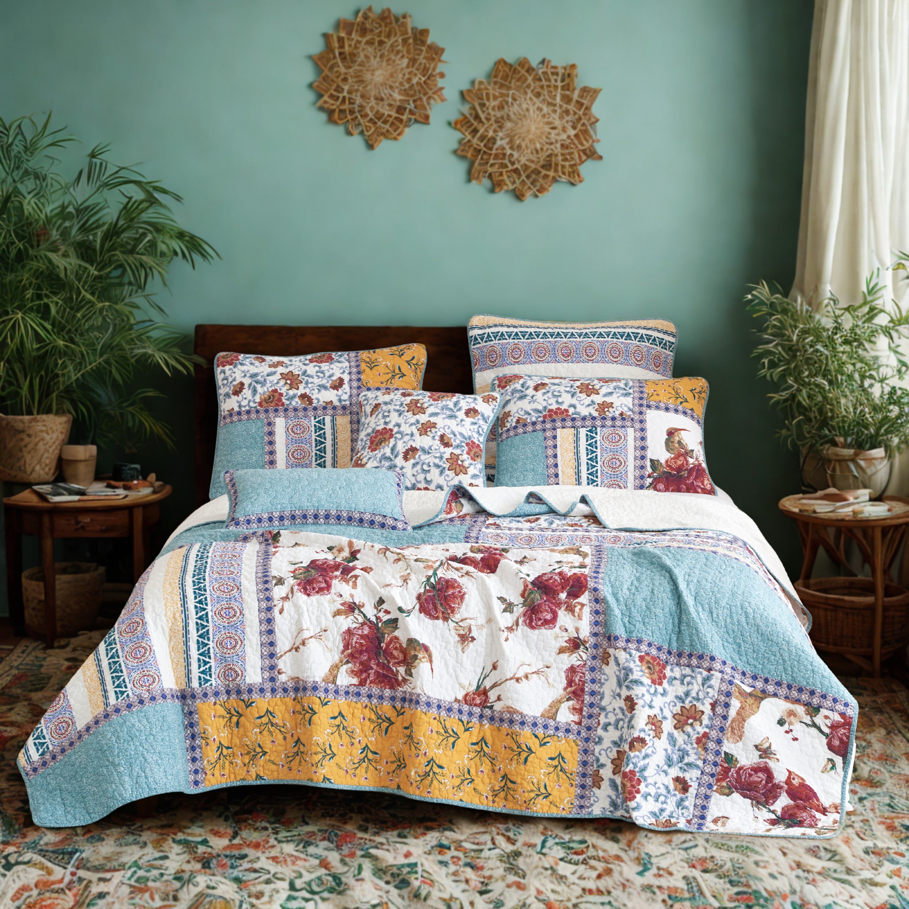 Tache Old World Garden Pastel Blue Yellow Red Hummingbirds Cotton Patchwork Quilt Set (JHW-936)