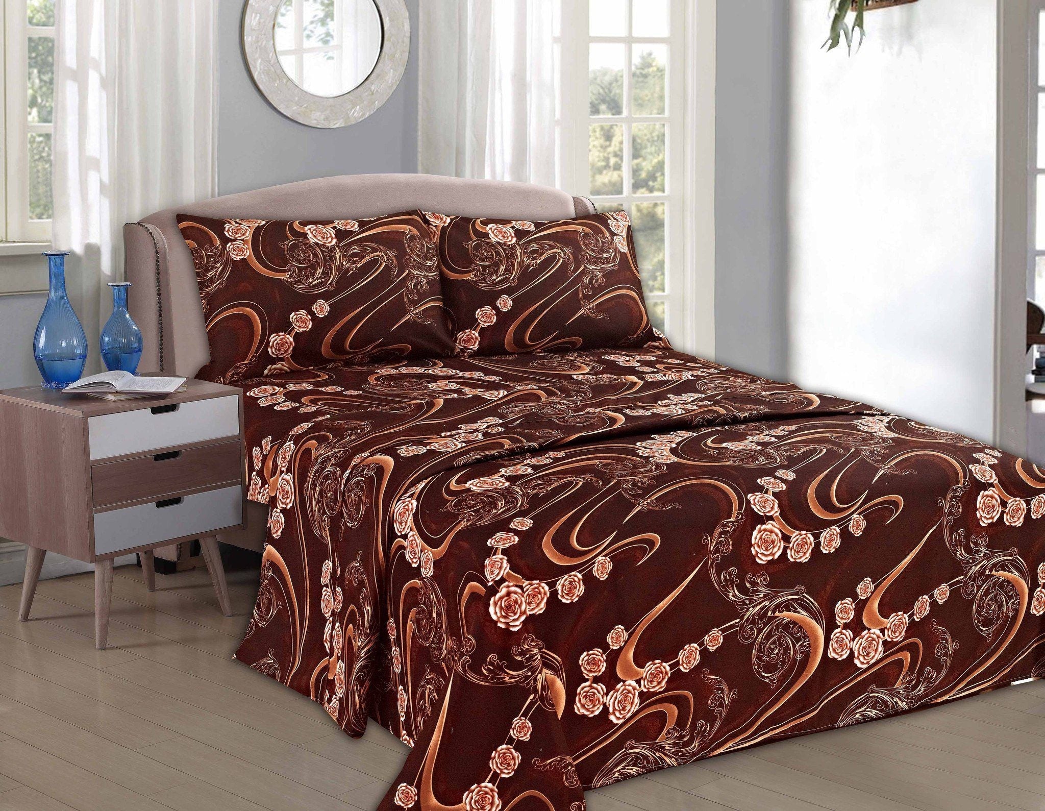Tache Melted Gold Brown Floral Bed Sheet Set (2815FITFLT)