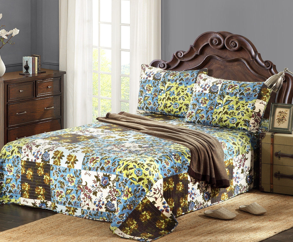 Tache Mystical Forest Green Blue Leaves Cotton Quilt Set (KST1504)