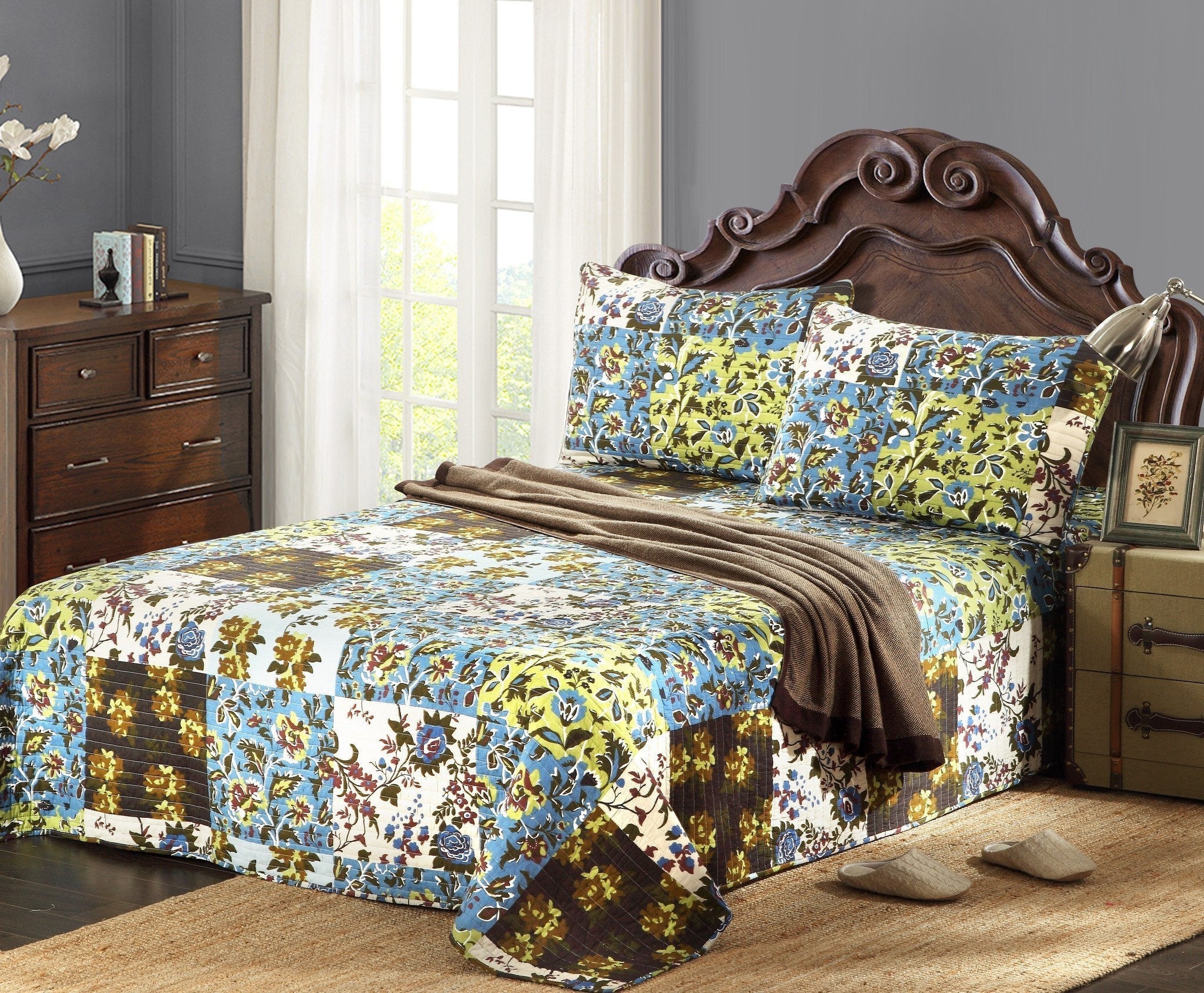 Tache Mystical Forest Green Blue Leaves Cotton Quilt Set (KST1504)