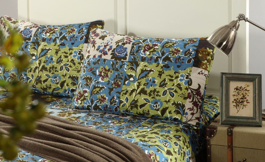Taterbush Mystical Forest Green Blue Leaves Cotton Quilt Set (KST1504)