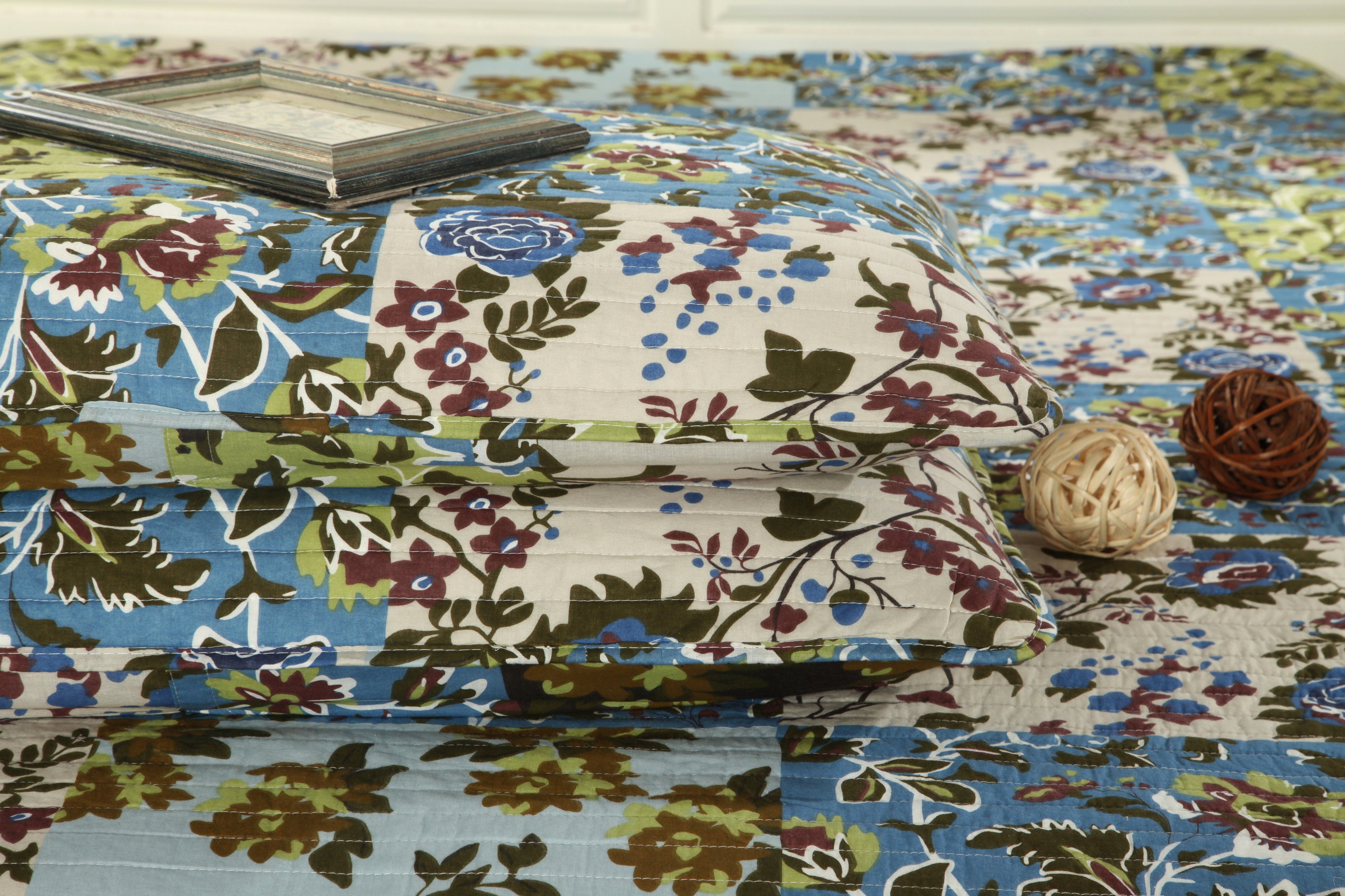 Tache Mystical Forest Green Blue Leaves Cotton Quilt Set (KST1504)