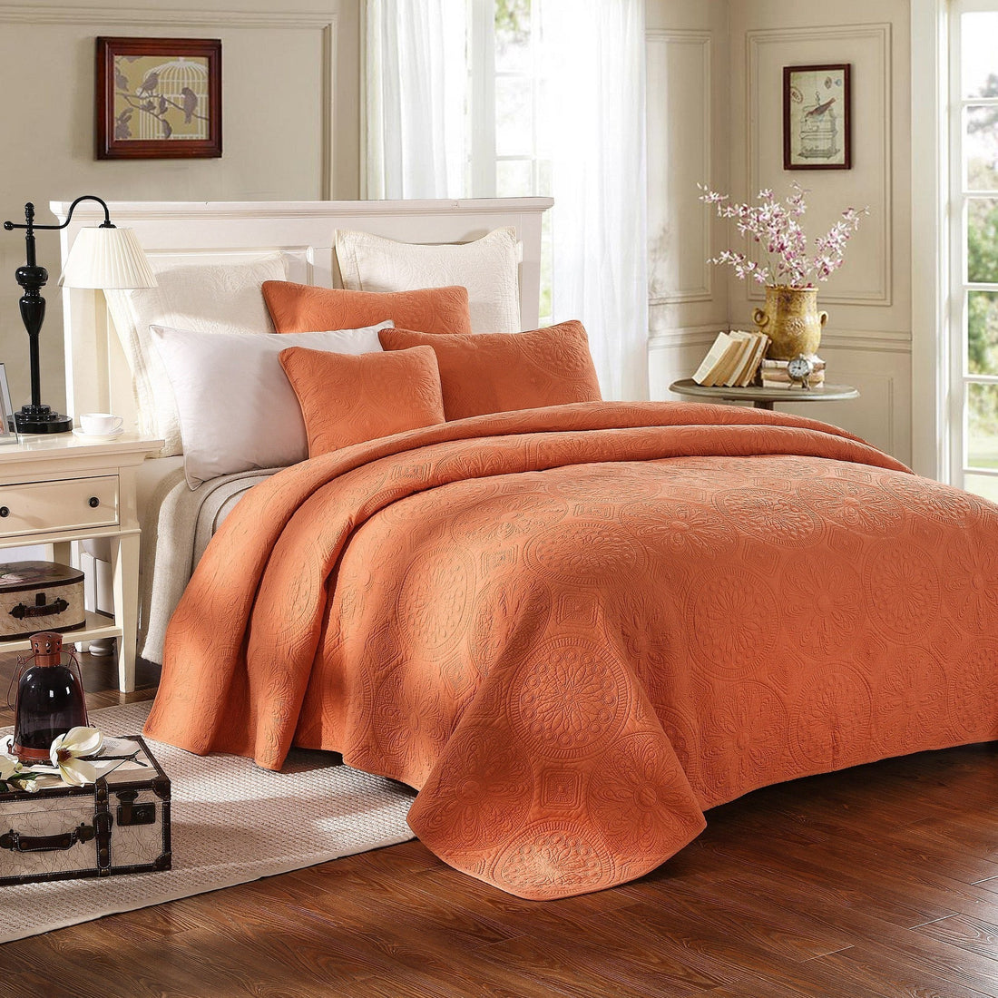 Taterbush Tuscany Sunrise Medallion Orange Rustic Stone Washed Cotton Quilt Set (JHW-595)