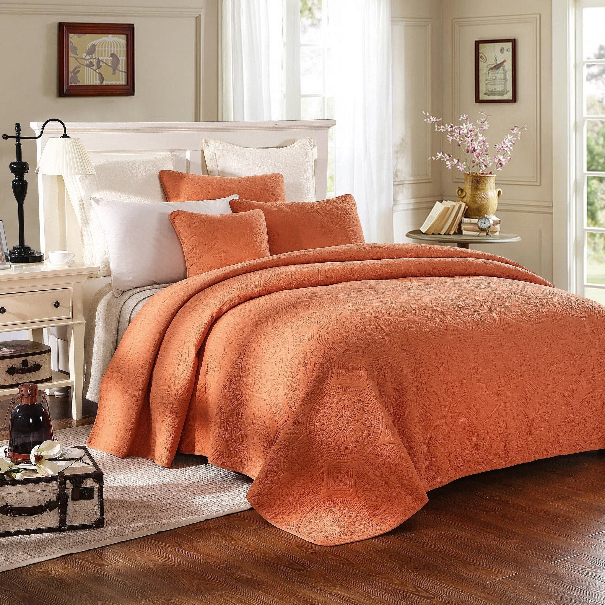 Tache Tuscany Sunrise Medallion Orange Rustic Stone Washed Cotton Quilt Set (JHW-595)