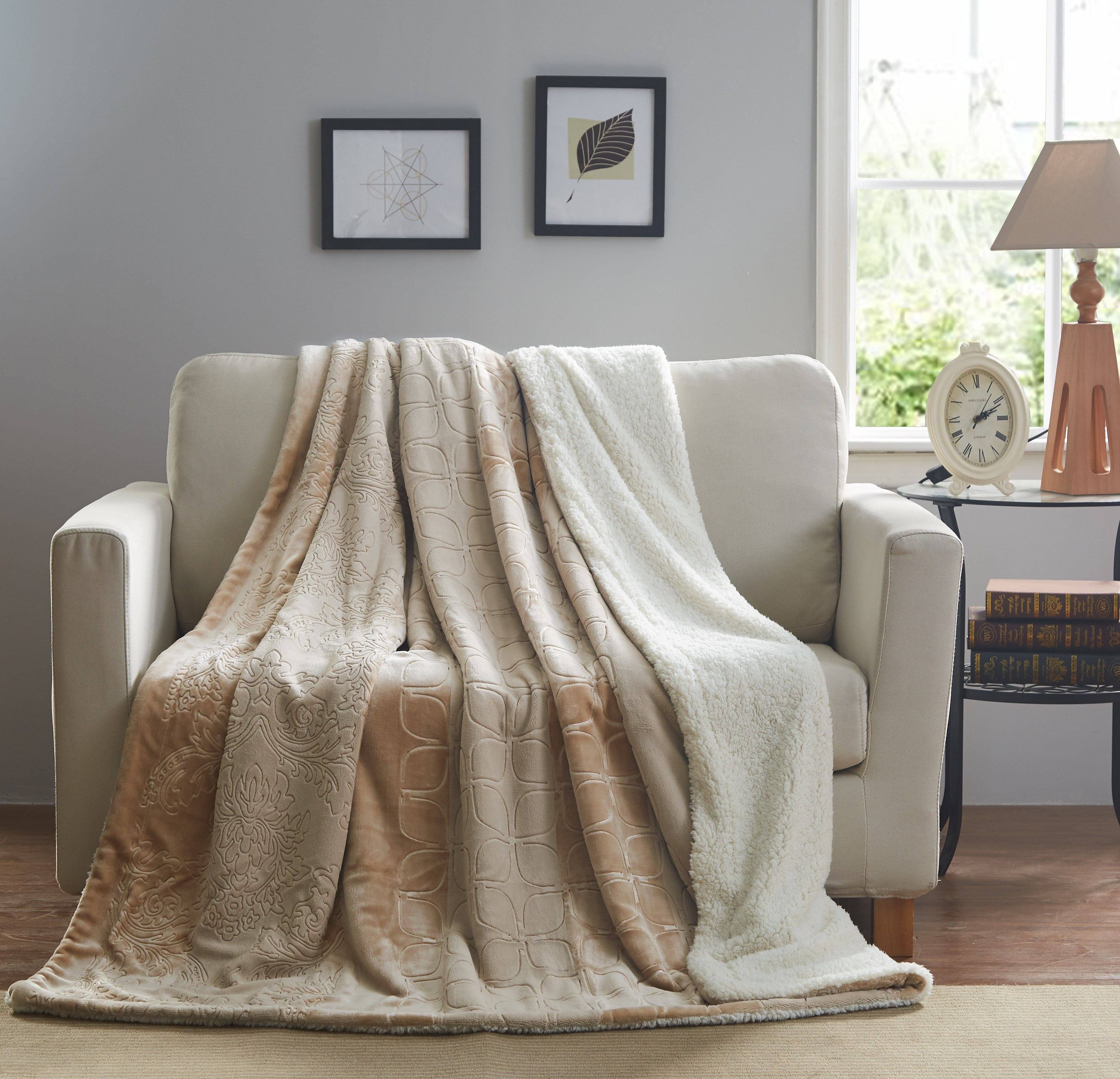 Tache Embossed Bubbly Champagne Beige Sherpa Throw Blanket (TA62088)