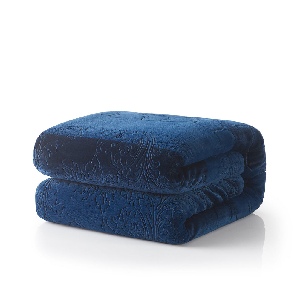 Tache Solid Embossed Cozy Night Blue Sherpa Throw Blanket (62093)