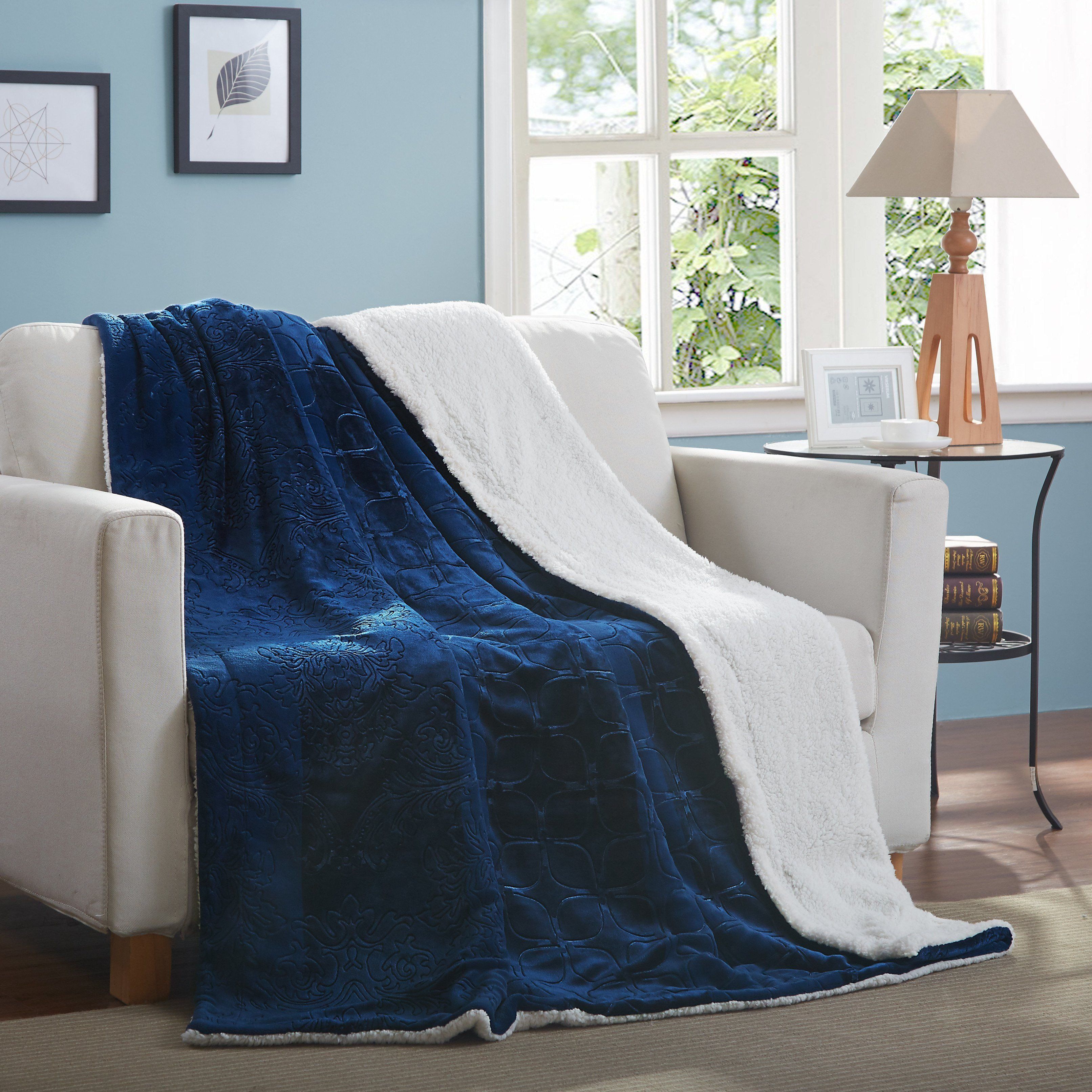 Tache Solid Embossed Cozy Night Blue Sherpa Throw Blanket (62093)