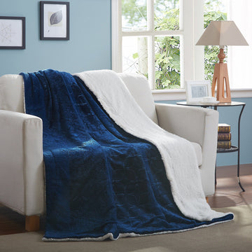 Tache Solid Embossed Cozy Night Blue Sherpa Throw Blanket (62093)